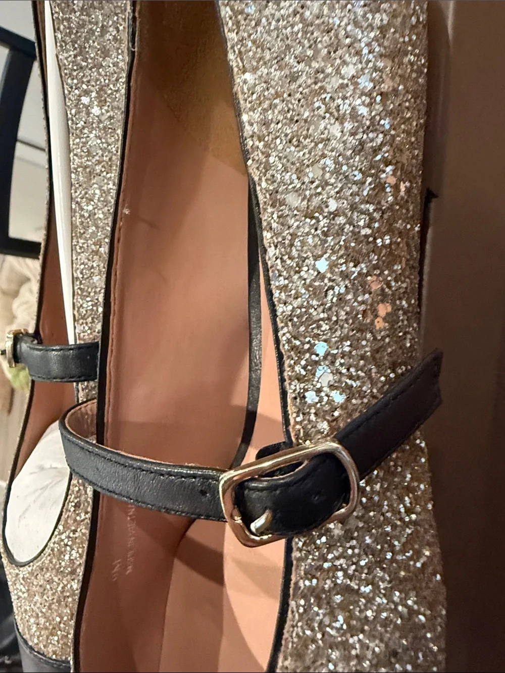Paolo Gold Glitter Pointed Mary Jane Flats with Black Toe & Strap